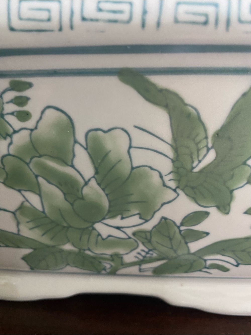 Rectangular Ceramic Planter, Distinctive Green & White Chinoiserie Floral Design - Picture 8 of 12
